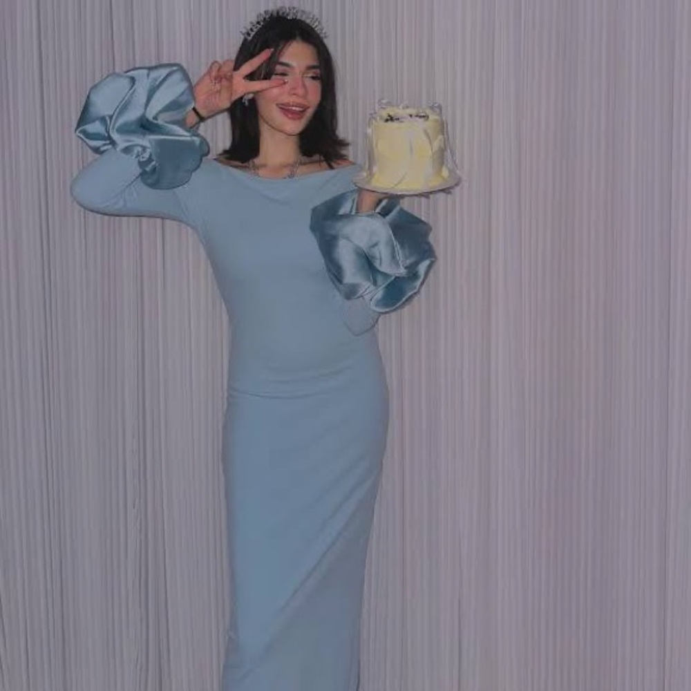 Solace London Powder Blue Off-Shoulder Maxi Dress with Balloon Sleeve Detail